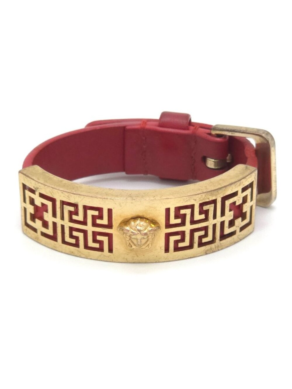 Versace Medusa Greca Plate Leather Bracelet 14.5 16.5 Gold Color Metal